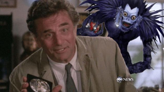 Peter Falk as Columbo shows his badge while Ryuk from Death Note stalks behind him, presumably unseen