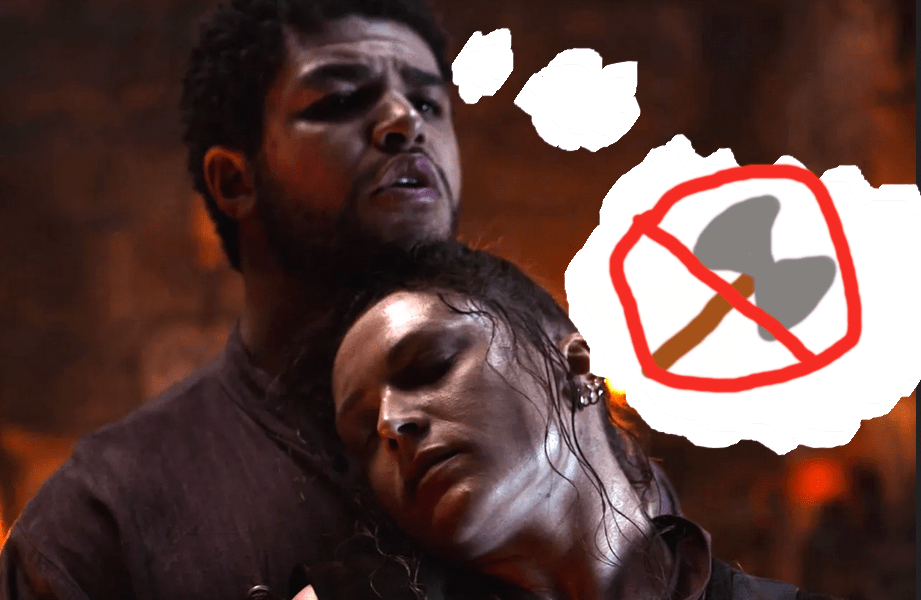 Perrin from Wheel of Time Holds Laila. There's a crudely drawn thought bubble of a crossed-out axe.