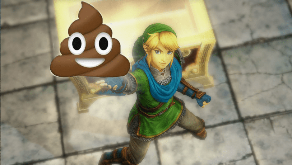 Link from the Zelda games holds up a poop emoji