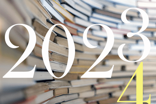 A wall of books. Superimposed over them is the year 2023. The 3 is rising out of frame and a 4 is rising from the bottom of the frame to take its place.